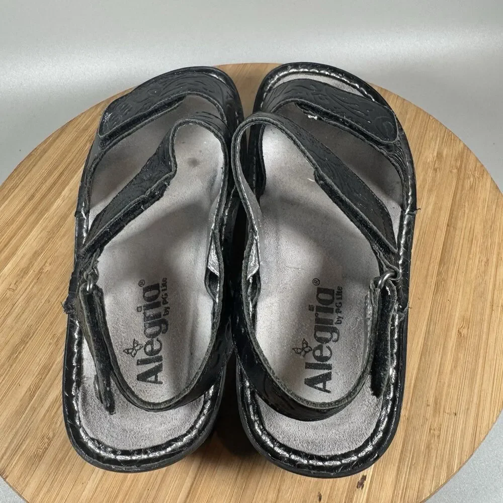 S‎ Alegria Verona Black Leather Low Wedge Sandals EU 37 US 6